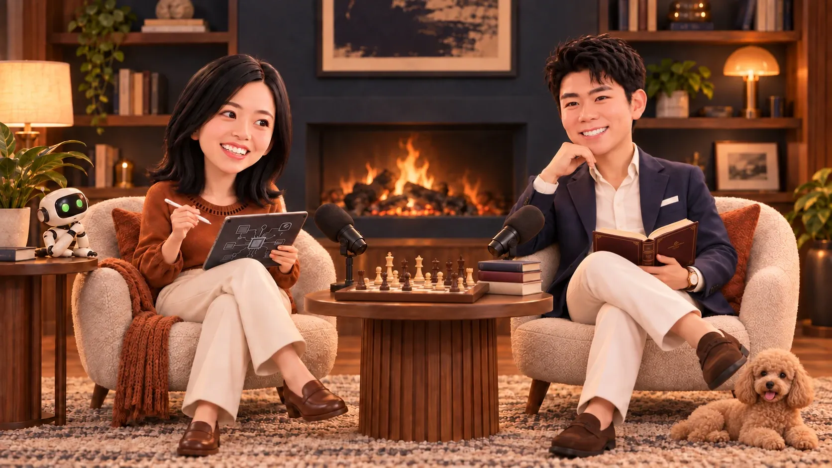 FIRE사이드챗 illustration: the two hosts in armchairs by a fireplace